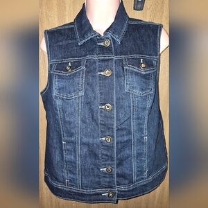 Womans Jean Vest Bling Crystal Button-Up Blue Denim Collared Vest New Petite S